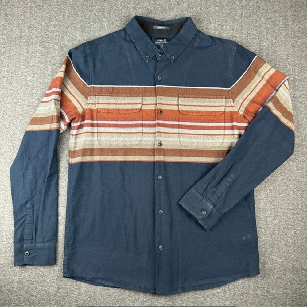 Roark Artifacts of Adventure Mens Small Navy Blue Striped Flannel Button Down